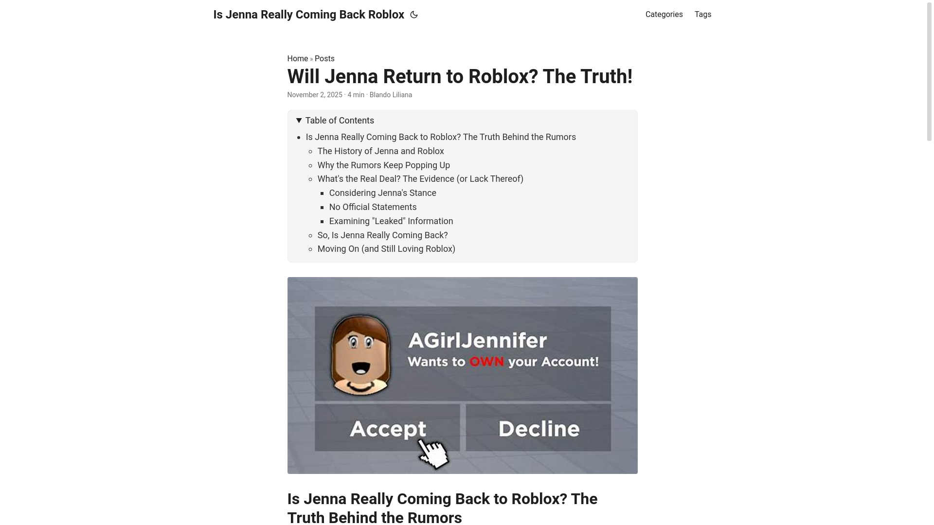 website screenshot of https://is-jenna-really-coming-back-roblox.pages.dev/