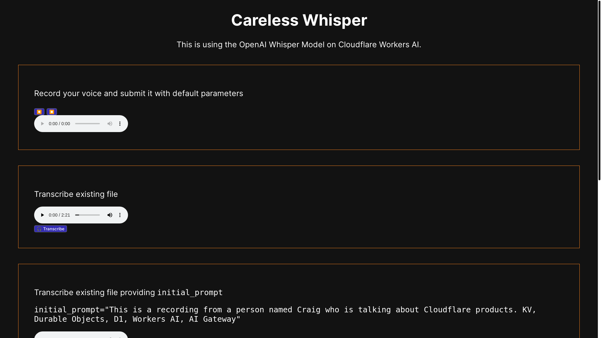 website screenshot of https://careless-whisper-workers-ai.pages.dev/