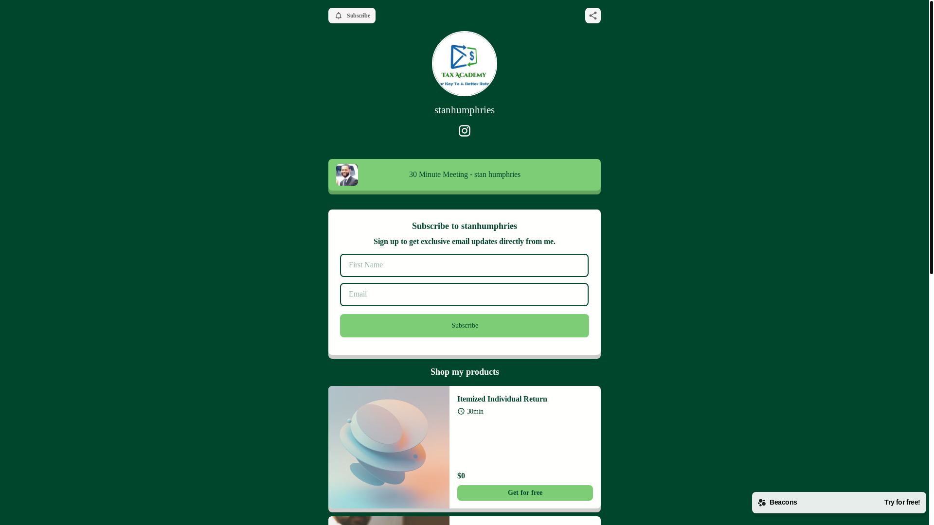 website screenshot of https://stanhumphries.store/