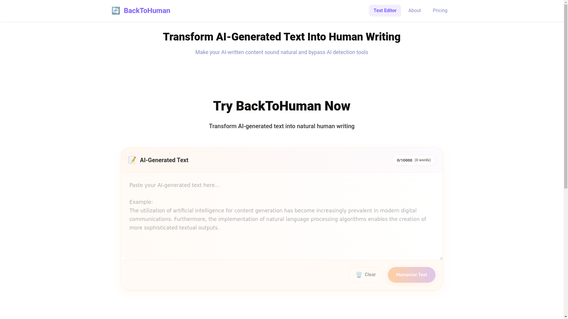 website screenshot of https://backtohuman.app/