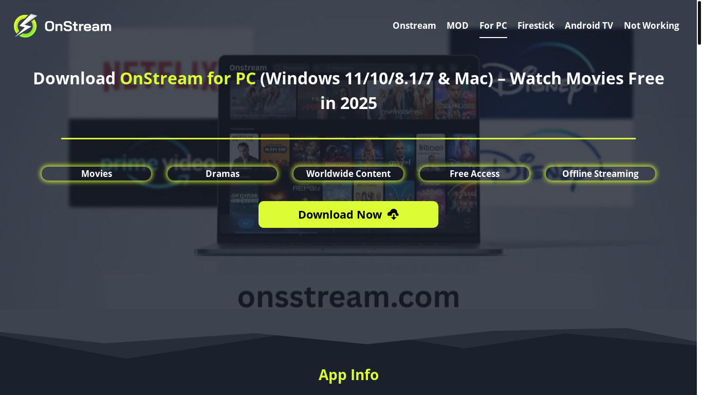 website screenshot of https://onsstream.com/onstream-for-pc/