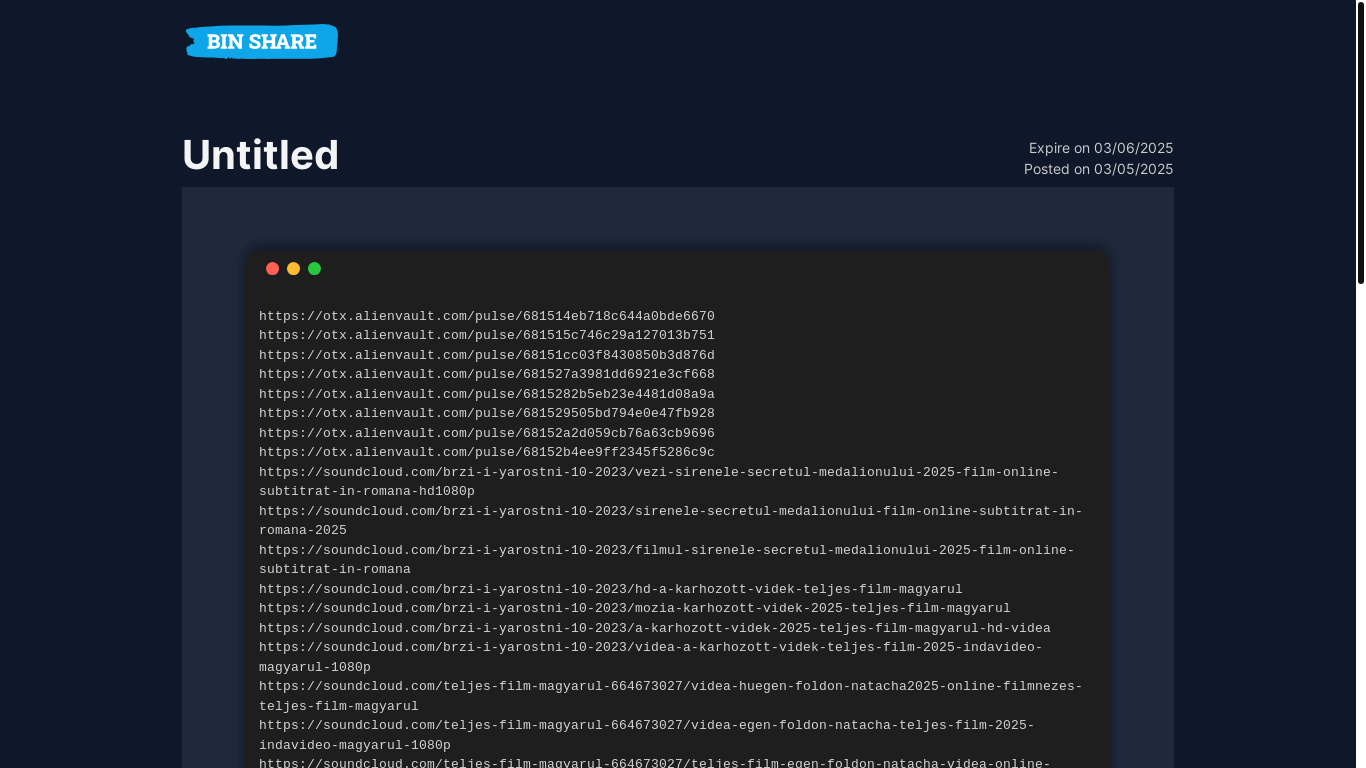 website screenshot of https://binshare.net/O8Zw5HYTVTeJuHpFp07s