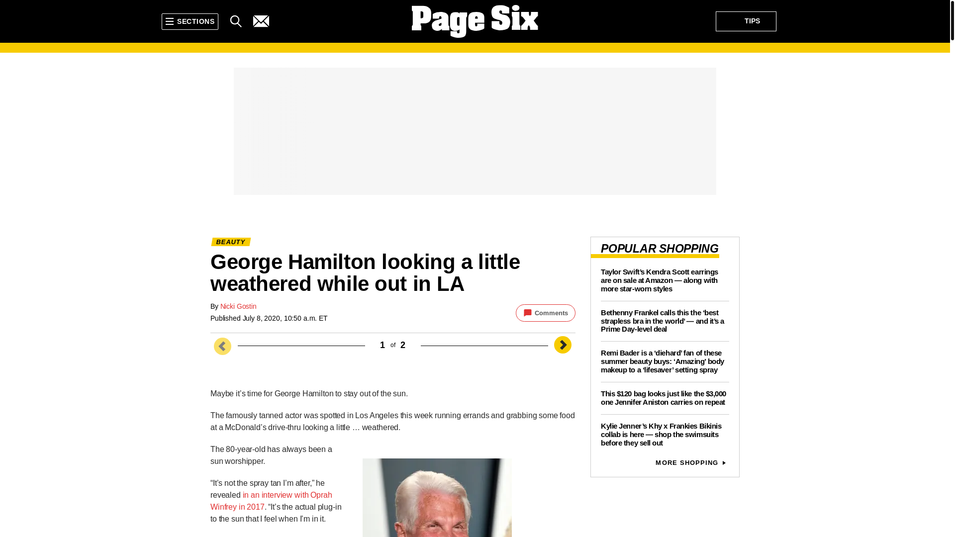 website screenshot of https://pagesix.com/2020/07/08/george-hamilton-spotted-looking-a-little-weathered/