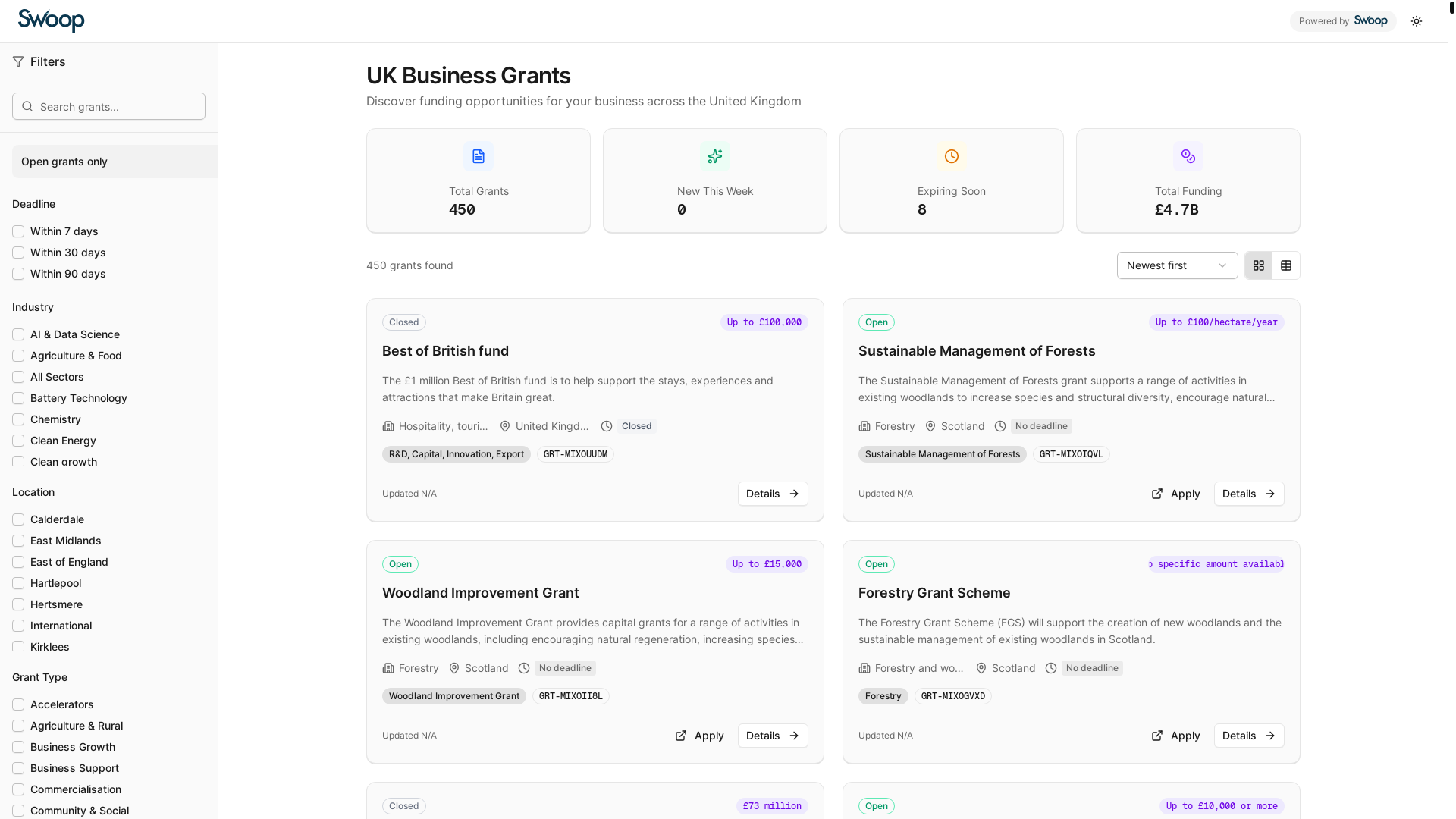 website screenshot of https://grantsfinder.io/