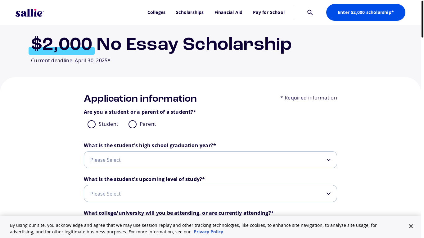 website screenshot of https://nam02.safelinks.protection.outlook.com/?url=https%3A%2F%2Fe.soslprospect.salliemae.com%2Fclick%3FEbHVrc2NvMDAyMkBlZHUub2NzZHNjLm9yZw%2FCeyJtaWQiOiIxNzQ1ODYwNDE3MzkyYjg1ZDExOGYwMDM0IiwiY3QiOiJzYWxsaWVtYWUtc29zbC1lYzI1YTU3YWNkMjAwODQwMDkwZjcxOTU3MTkxZmM5NS0xIiwicmQiOiJlZHUub2NzZHNjLm9yZyJ9%2FVaHR0cHM6Ly93d3cuc2FsbGllLmNvbS9zY2hvbGFyc2hpcHMvbm8tZXNzYXk%2FSWkhfcHJvc3BzYWxsaWVfTk5CQU0wNDI4MjAyNWMxNjM1ODY4YjE%2FLc2w1%2FqP3V0bV9tZWRpdW09ZW1haWwmdXRtX3NvdXJjZT0zcHRvMXAmdXRtX2NhbXBhaWduPWxhX2FjcV9zd3Bfc191X2VuYzNwdG8xcF9FNFNfMDQyODIwMjU%2FgaA-3YQ%2FJMDQyODIwMjVDMTYzNTg2OEIx%2Fs5lcd0433dc&data=05%7C02%7Cluksco0022%40edu.ocsdsc.org%7C8ba0ec04703847f2beb008dd8678178c%7C4639b736a01a438fb9ef8938b8e225c5%7C0%7C0%7C638814572560644094%7CUnknown%7CTWFpbGZsb3d8eyJFbXB0eU1hcGkiOnRydWUsIlYiOiIwLjAuMDAwMCIsIlAiOiJXaW4zMiIsIkFOIjoiTWFpbCIsIldUIjoyfQ%3D%3D%7C0%7C%7C%7C&sdata=1jMSB0zr3H%2FB%2BwGvId3HH9b6M6FDxfKXgUzqHSPKvAw%3D&reserved=0