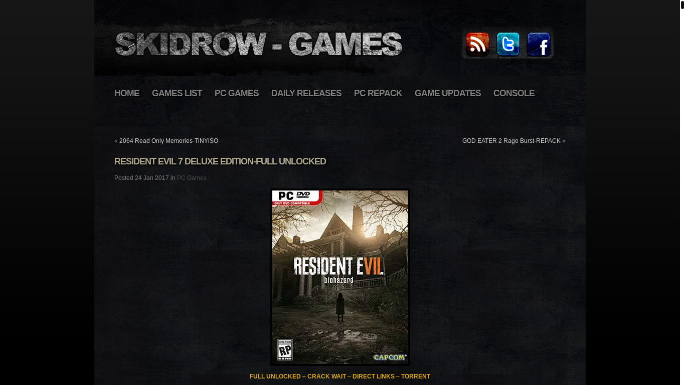website screenshot of https://www.skidrow-games.com/resident-evil-7-deluxe-edition-full-unlocked/