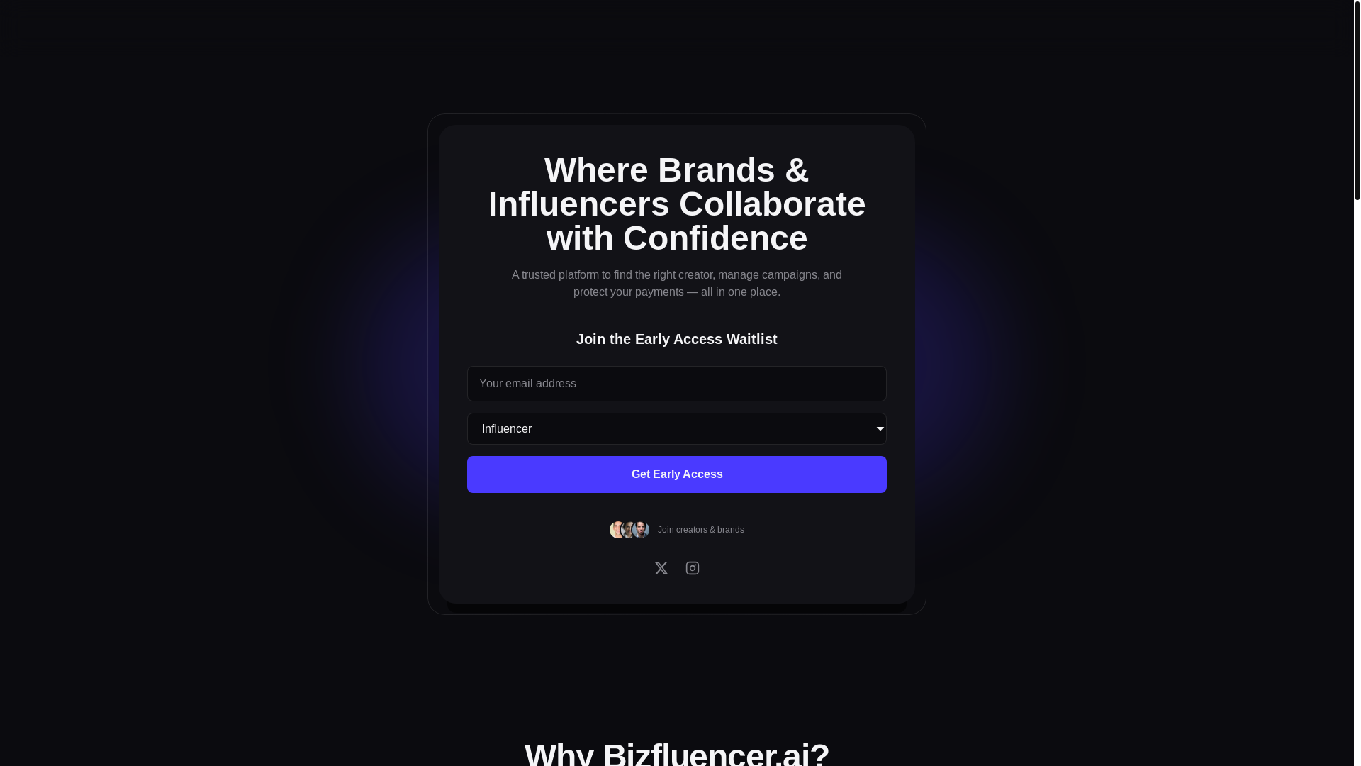 website screenshot of https://bizfluencer-frontend-rsharma.pages.dev/