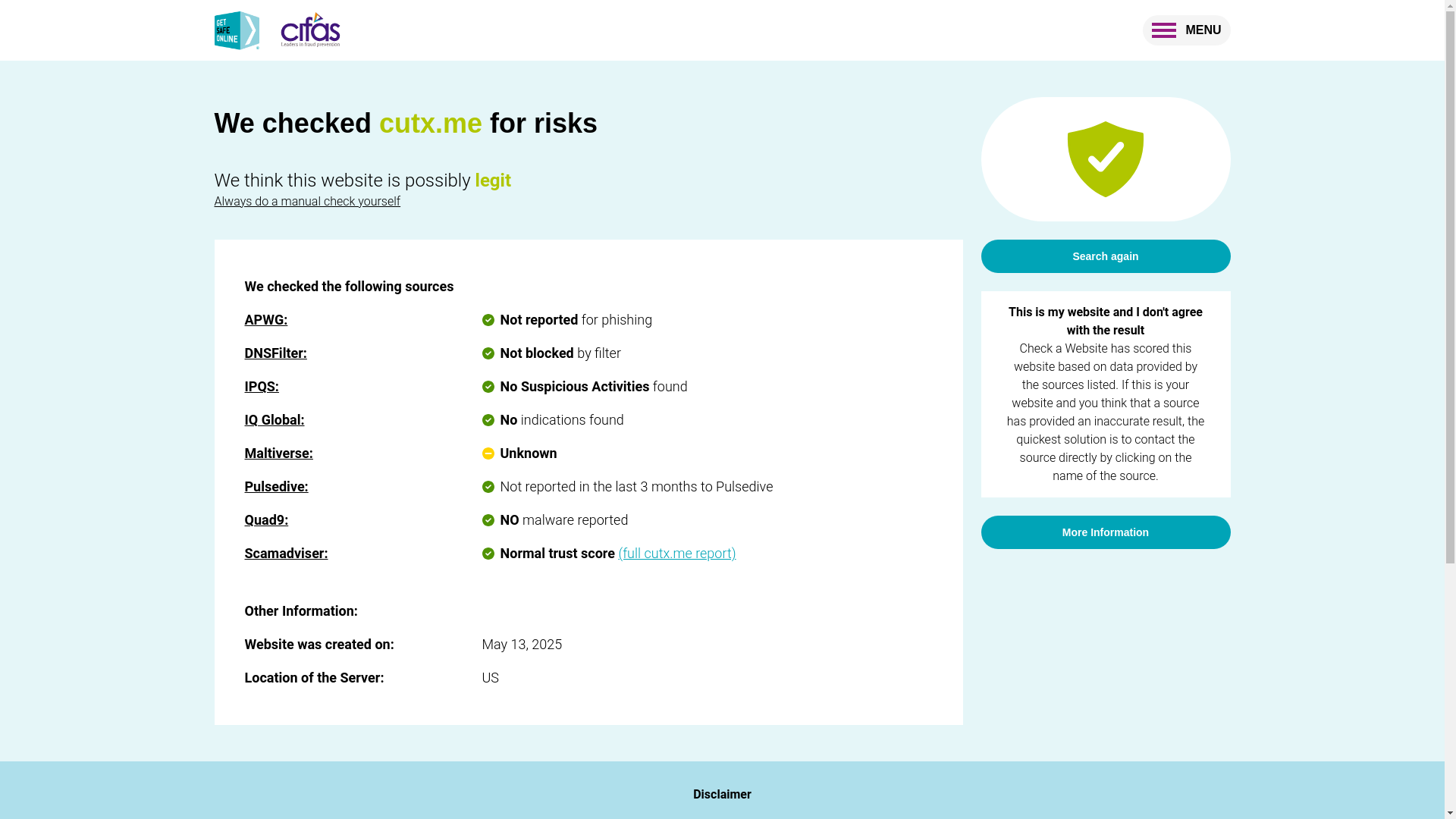 website screenshot of https://check.getsafeonline.org/check/cutx.me?inputUrl=cutx.me