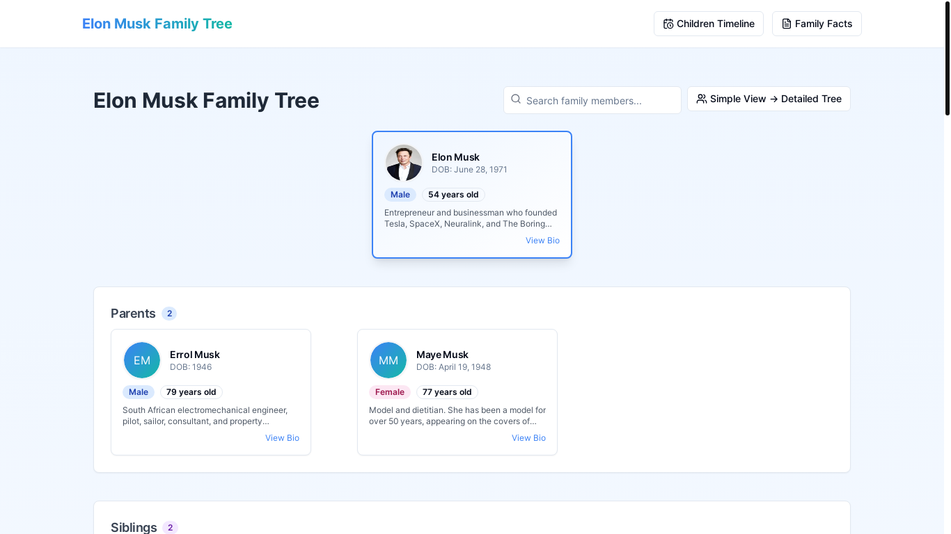 website screenshot of https://elonmuskfamilytree.com/