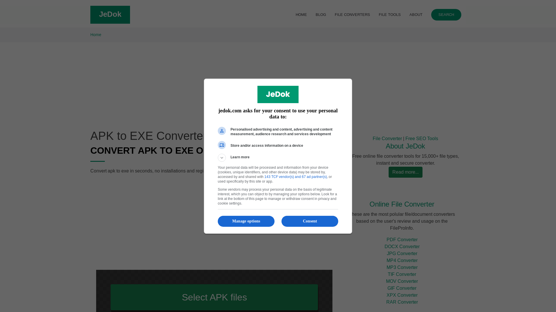 website screenshot of https://jedok.com/converter/apk-to-exe