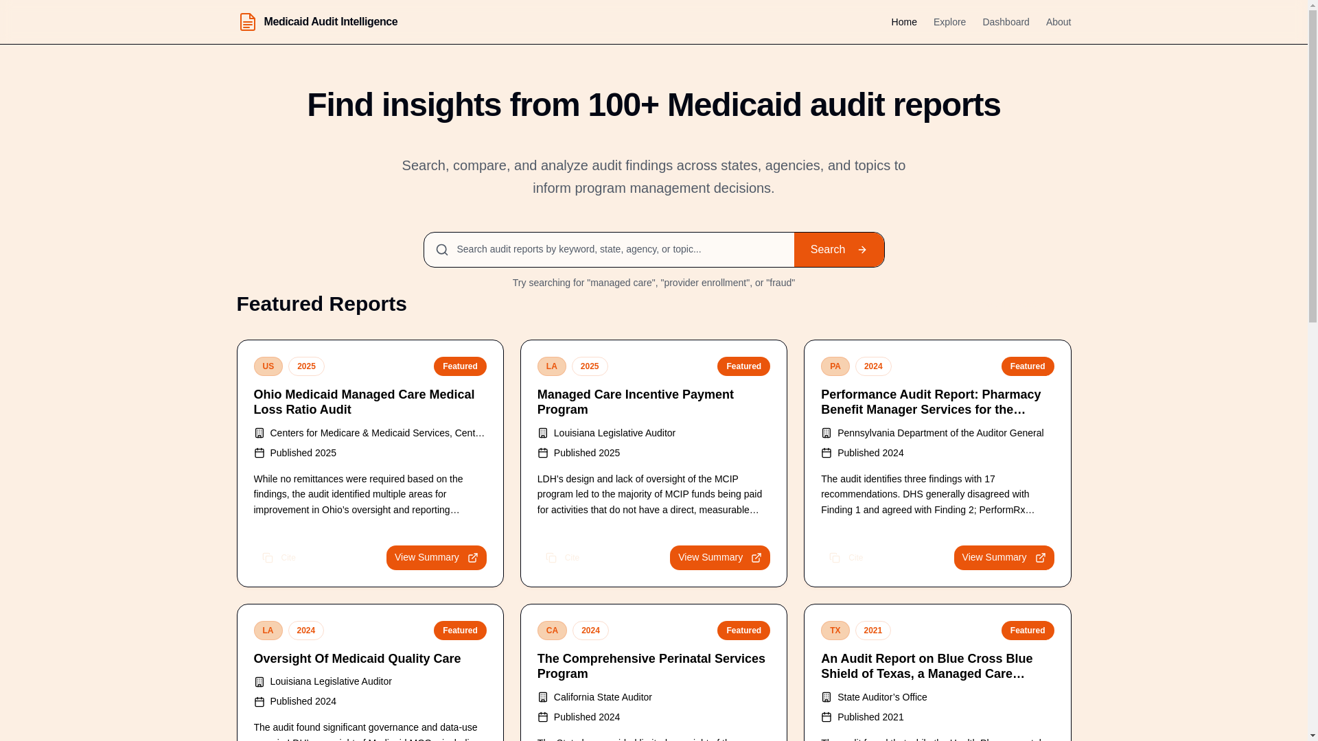 website screenshot of https://medicaidaudit.org/