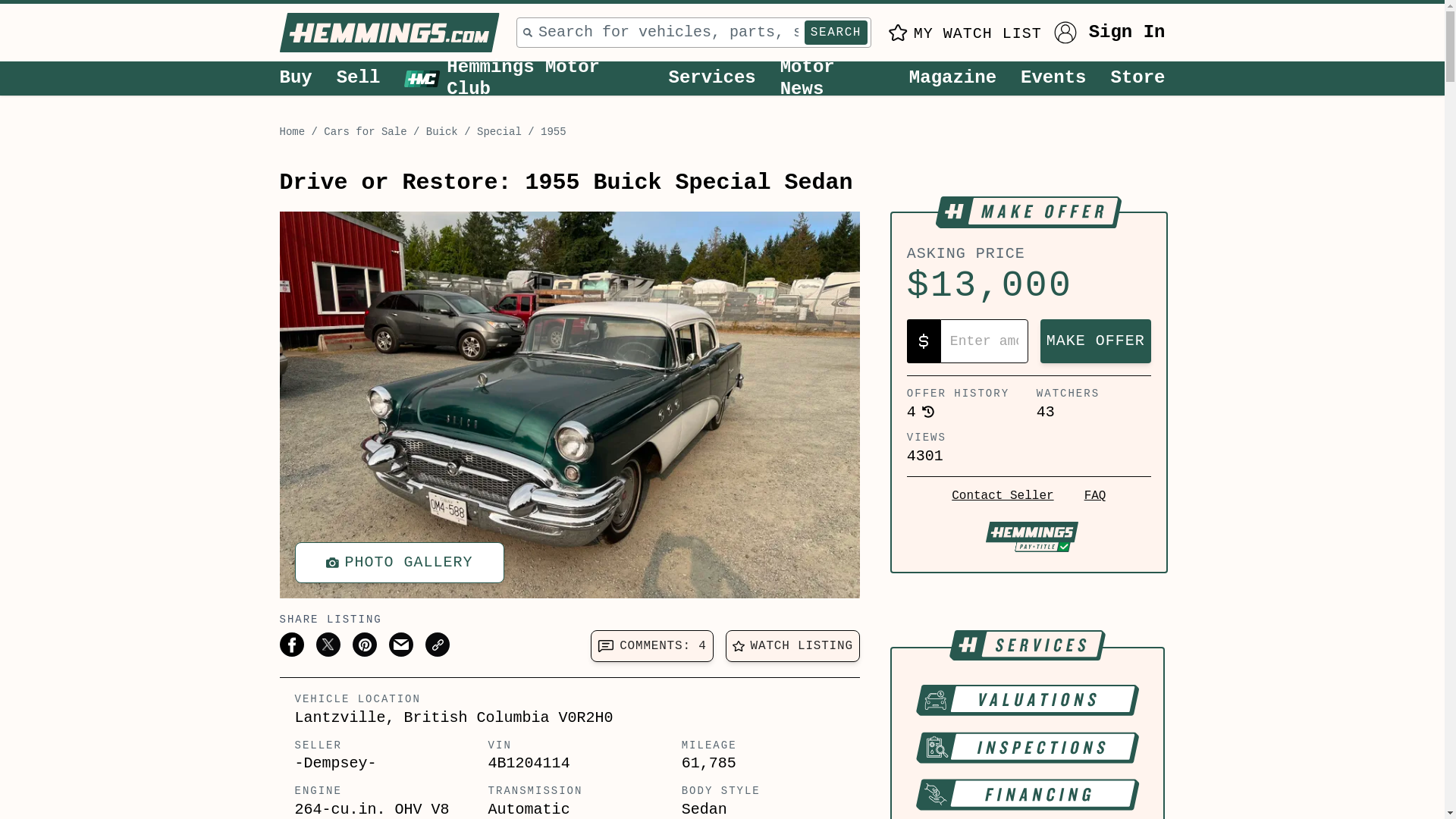 website screenshot of https://www.hemmings.com/auction/1955-buick-special-lantzville-bc-547026