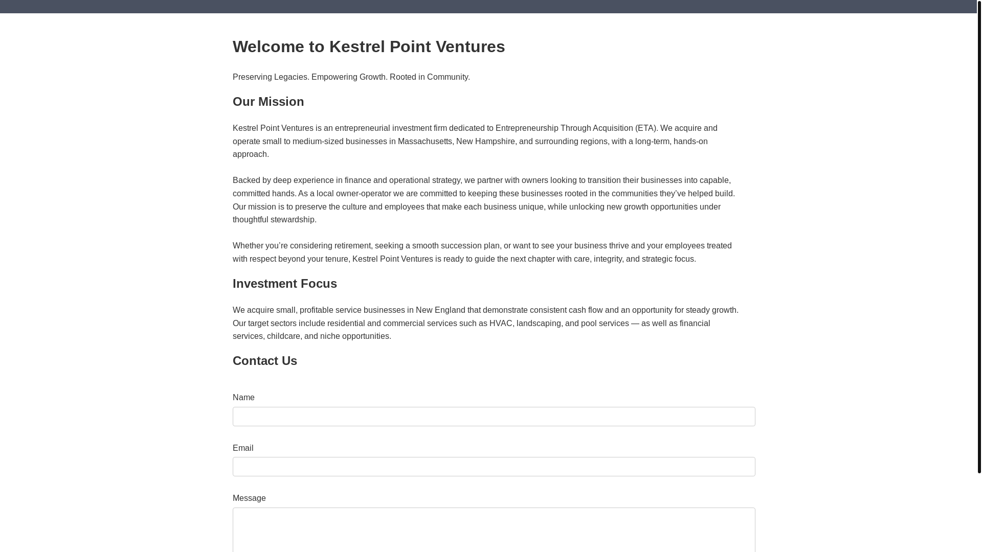 website screenshot of https://kestrelpointventures.com/