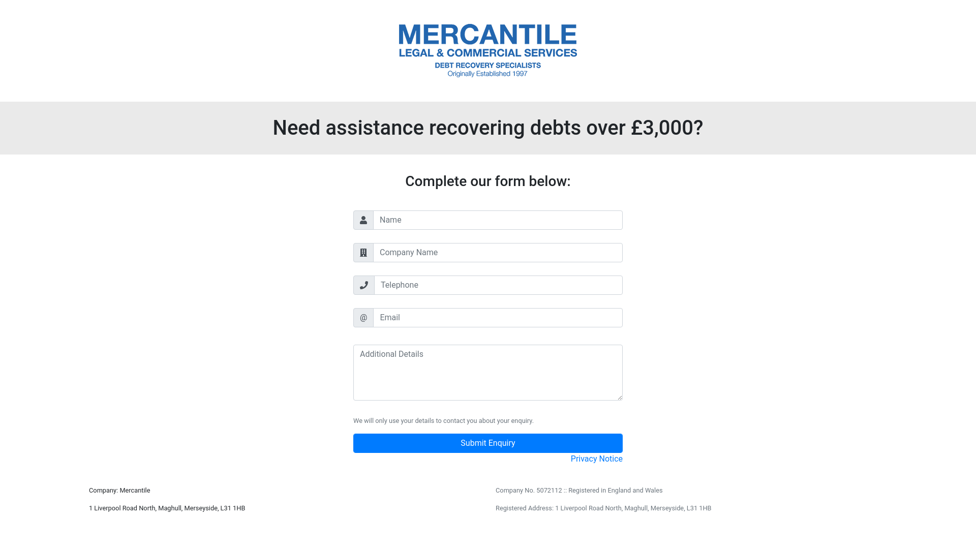 website screenshot of https://mercantilerecoveryservices.co.uk/