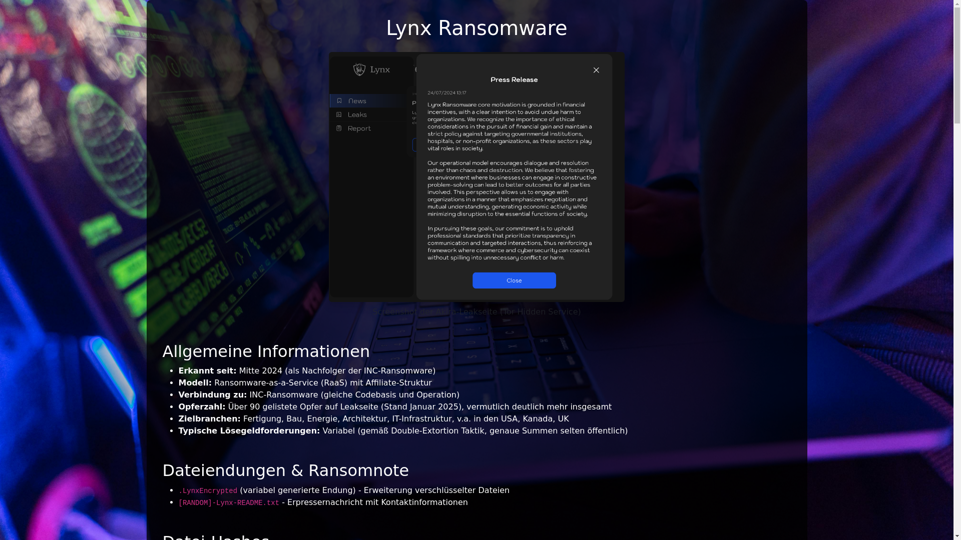 website screenshot of https://lynx-ransomware.de/