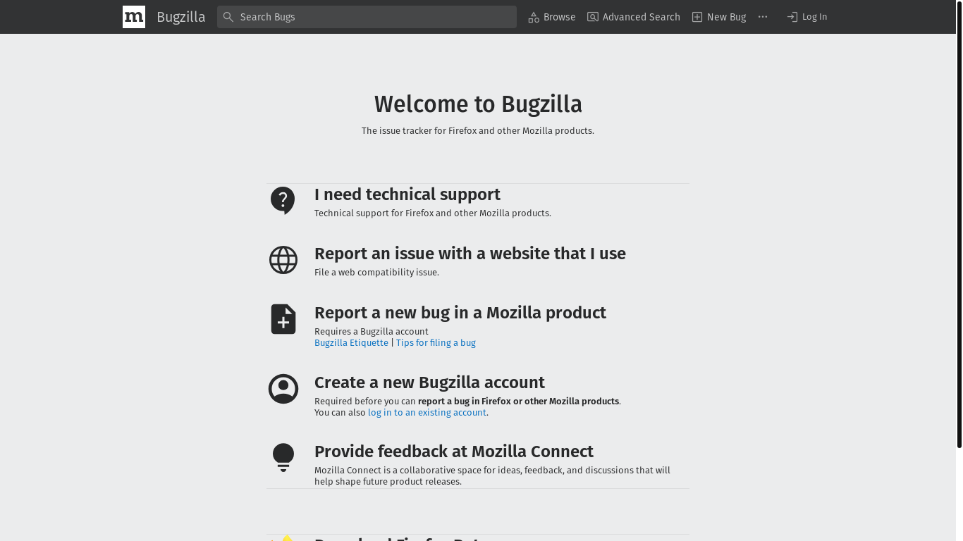 website screenshot of https://bugzilla.mozilla.org/