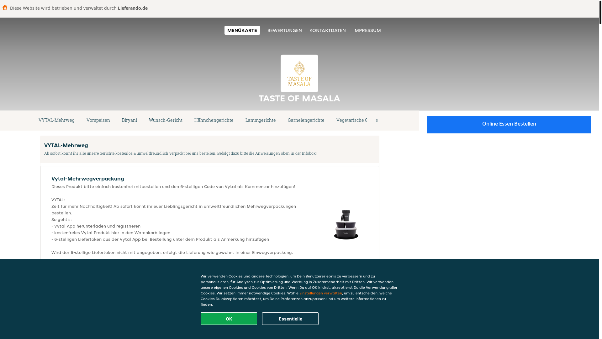 website screenshot of https://tasteofmasala-gelsenkirchen.de/