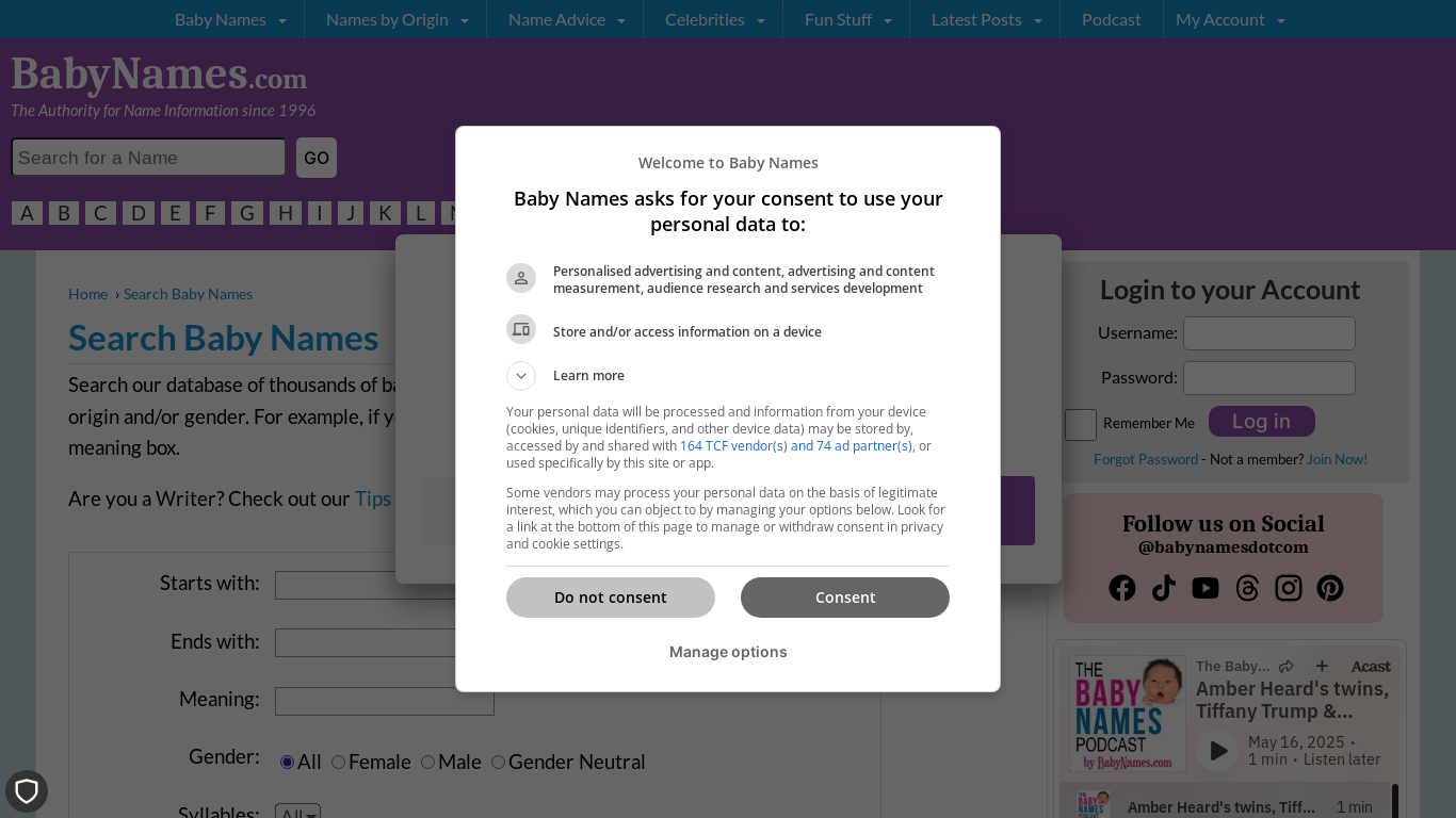 website screenshot of https://babynames.com/names/search.php