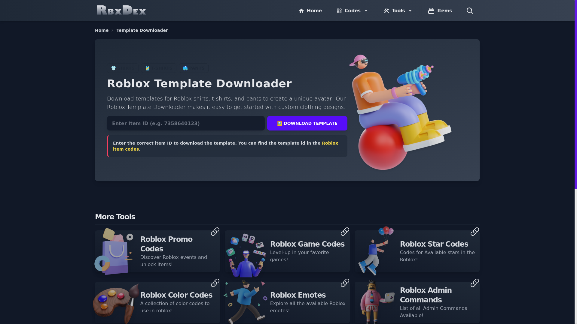 website screenshot of https://robloxdex.com/template-downloader/