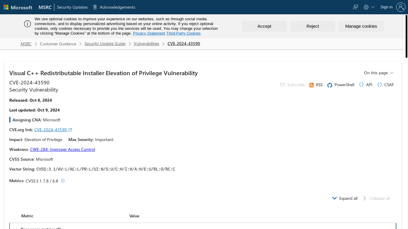 website screenshot of https://gcc01.safelinks.protection.outlook.com/?url=https%3A%2F%2Fmsrc.microsoft.com%2Fupdate-guide%2Fvulnerability%2FCVE-2024-43590&data=05%7C02%7CJFS.INCIDENT_TCKT_PROD%40jfs.ohio.gov%7C1155b64500ae4bf5955a08dd81053e04%7C50f8fcc494d84f0784eb36ed57c7c8a2%7C0%7C0%7C638808581733449425%7CUnknown%7CTWFpbGZsb3d8eyJFbXB0eU1hcGkiOnRydWUsIlYiOiIwLjAuMDAwMCIsIlAiOiJXaW4zMiIsIkFOIjoiTWFpbCIsIldUIjoyfQ%3D%3D%7C0%7C%7C%7C&sdata=MXDWenFsMR5203RNo0QskPtgDY7zlEiAgnTI6kxIK10%3D&reserved=0