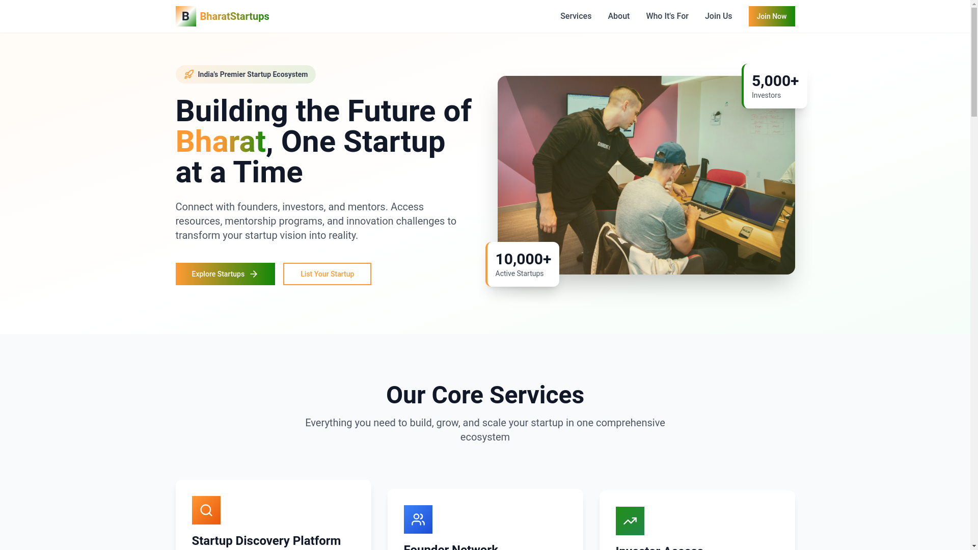 website screenshot of https://bharatstartups.net/