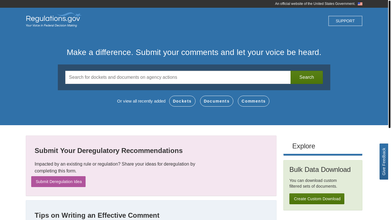 website screenshot of https://www.regulations.gov/