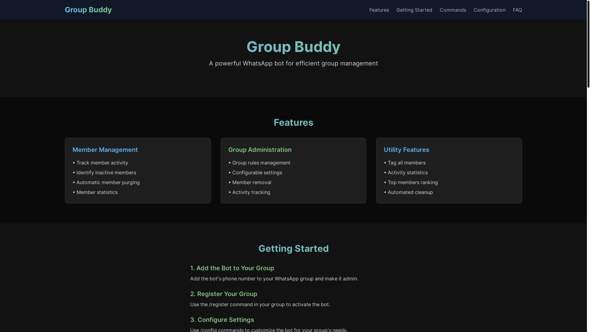 website screenshot of https://group-buddy-whatsapp-bot.pages.dev/
