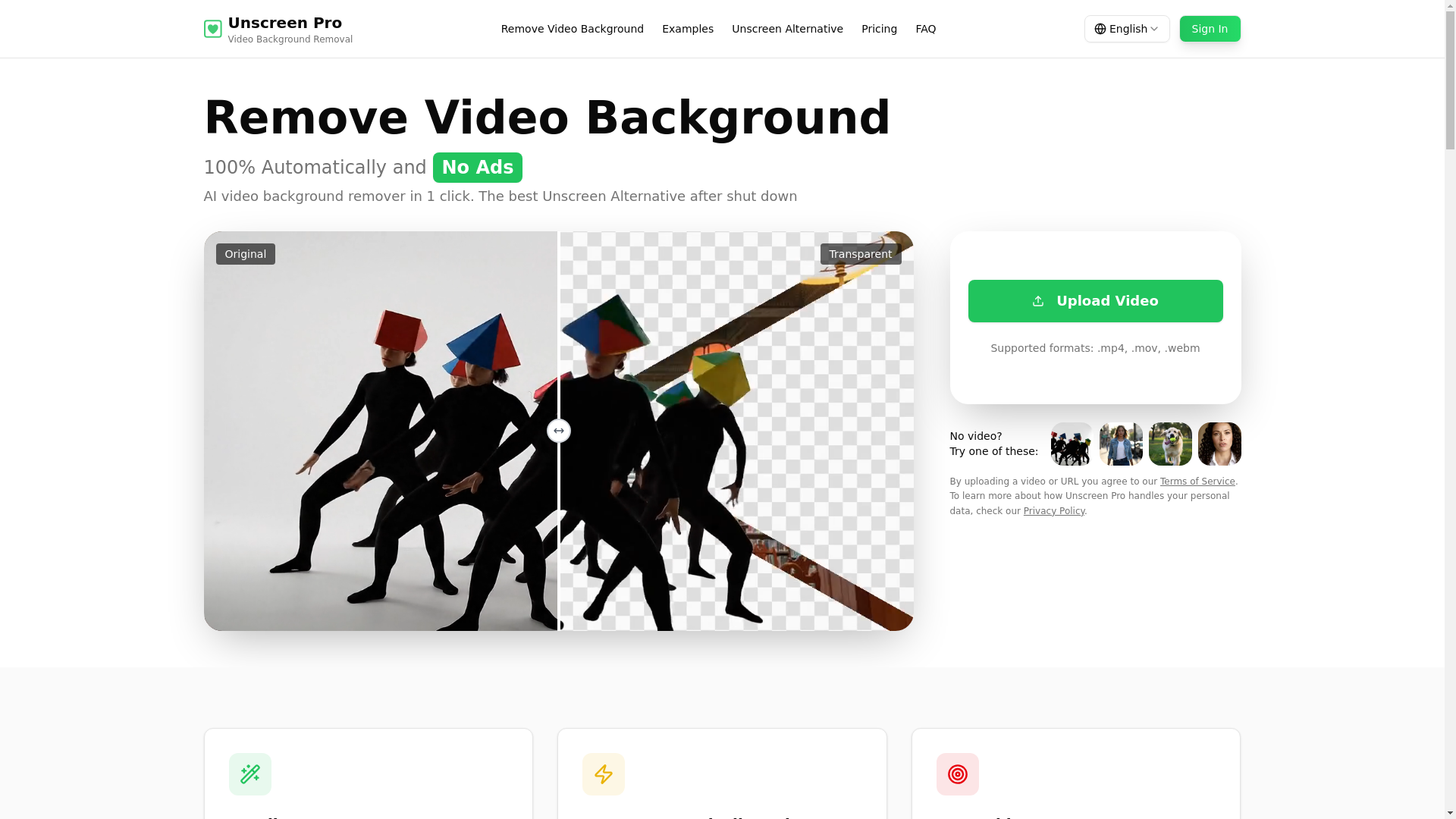 website screenshot of https://unscreen.pro