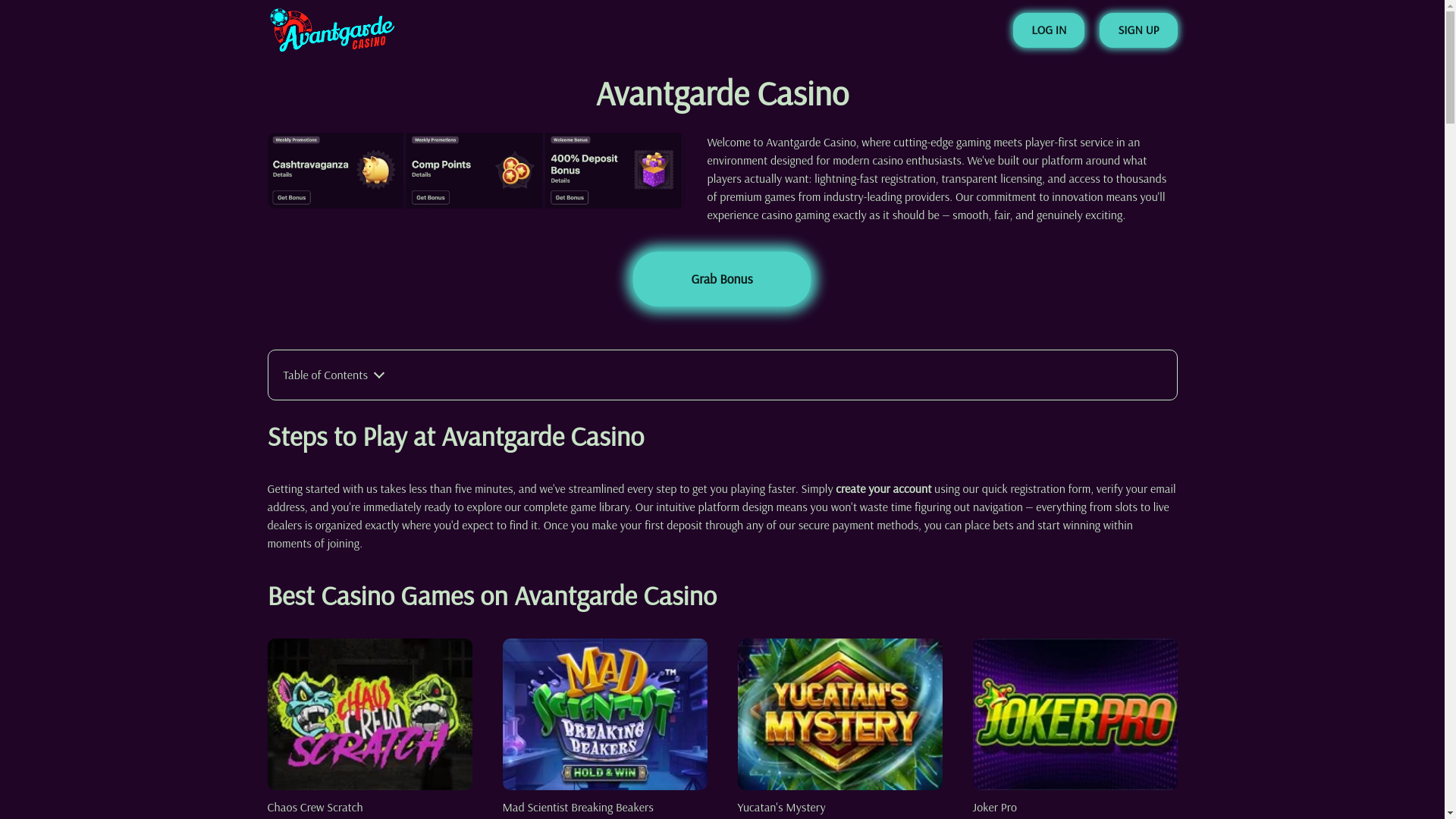 website screenshot of https://avantgardecasinos.com/