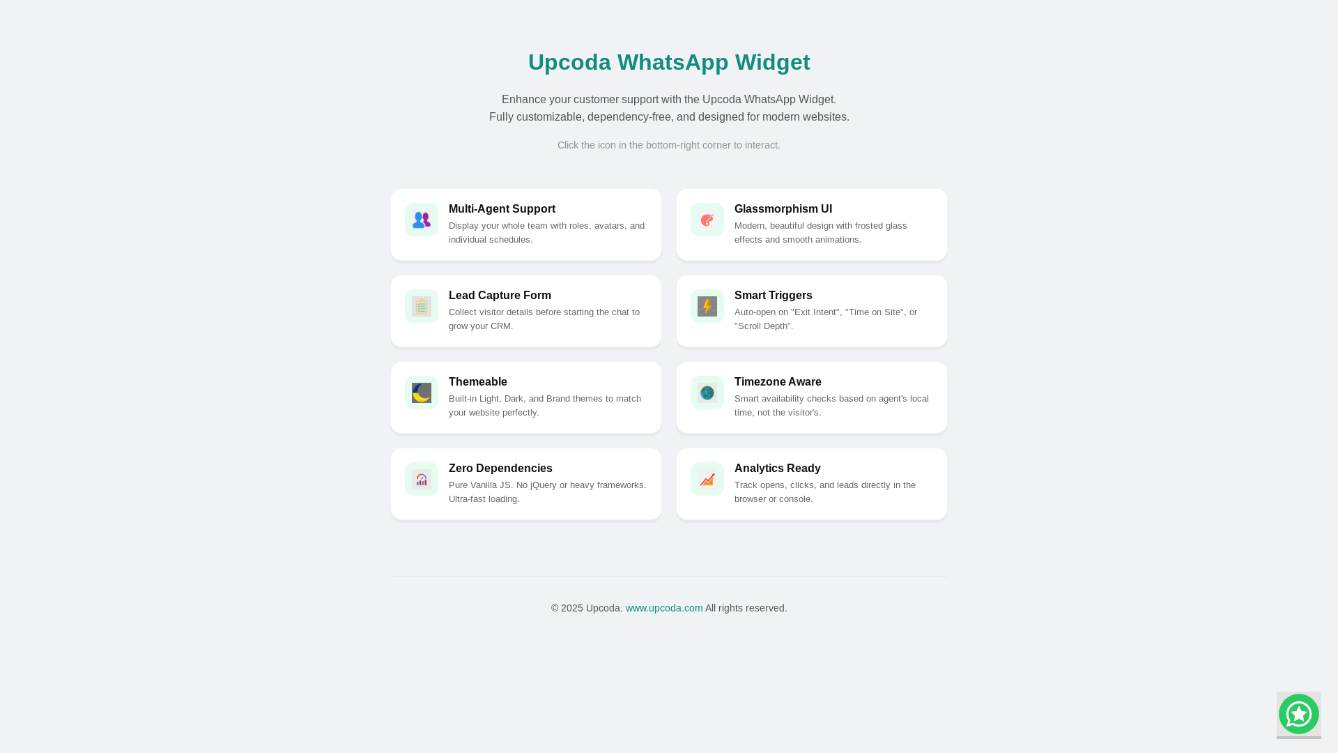 website screenshot of https://upcoda-demo-wa-click-to-chat.pages.dev/