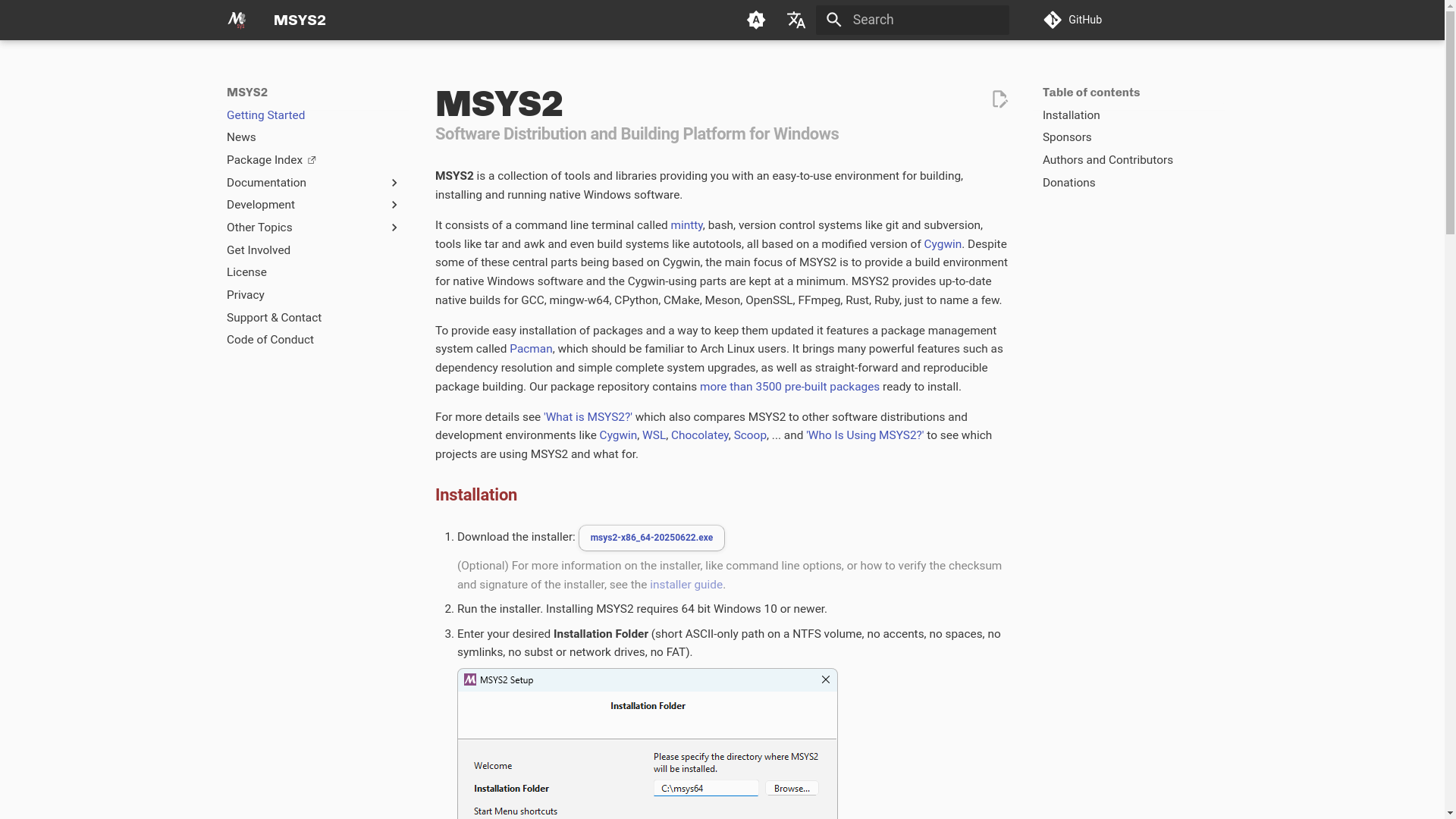 website screenshot of https://www.msys2.org/