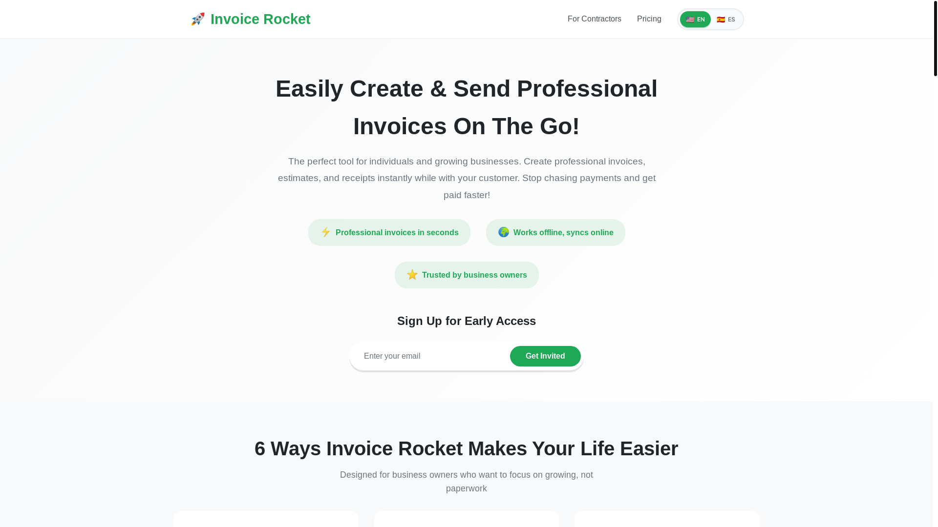website screenshot of https://invoicerocket.io/