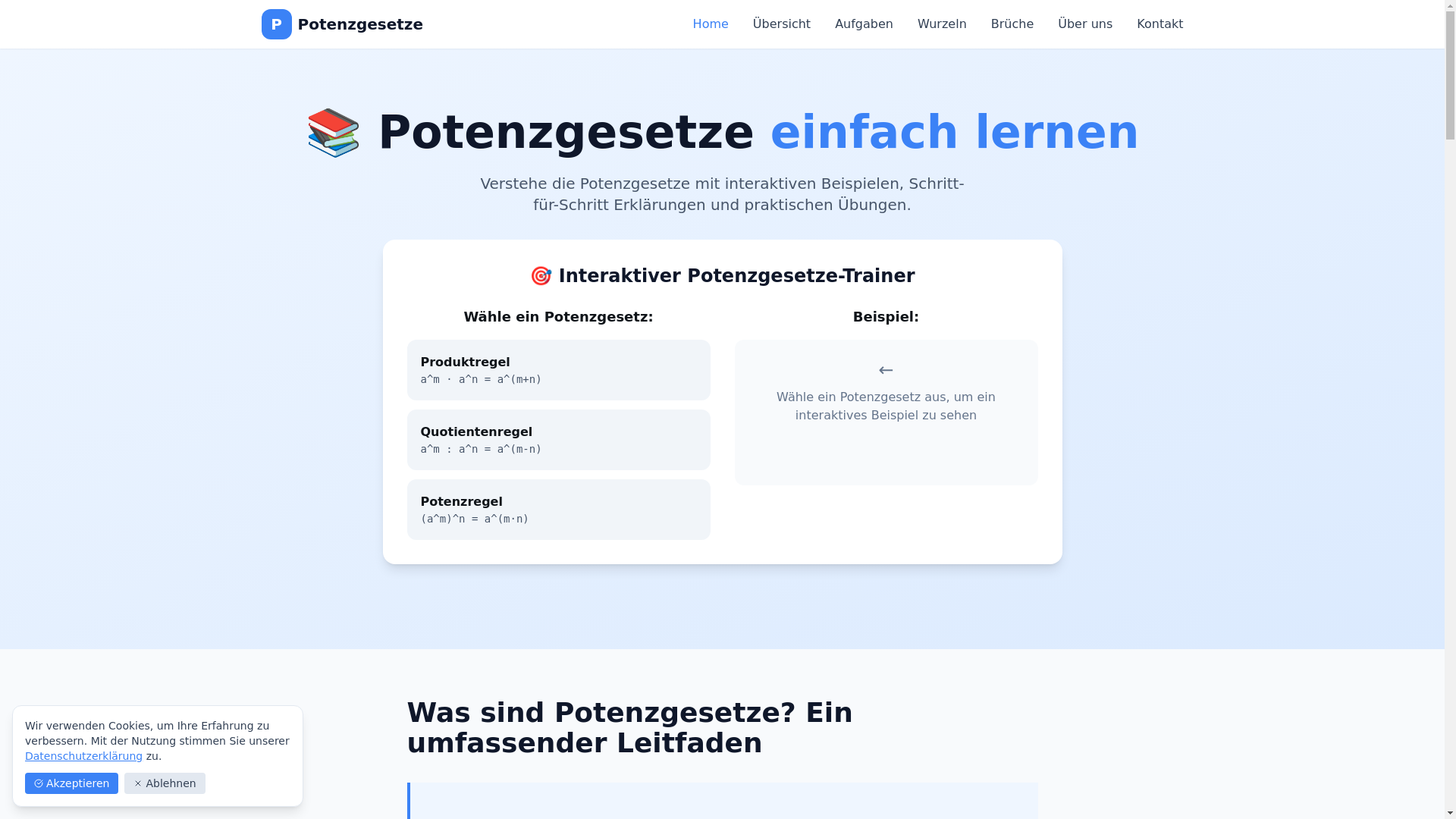 website screenshot of https://potenzgesetze.pages.dev/