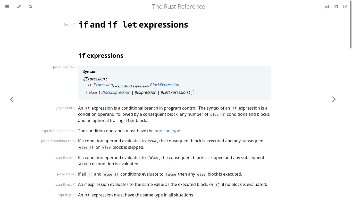 website screenshot of https://doc.rust-lang.org/reference/expressions/if-expr.html