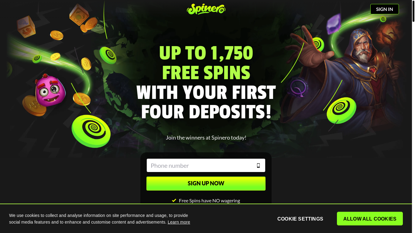 website screenshot of https://spinerocasino.info/