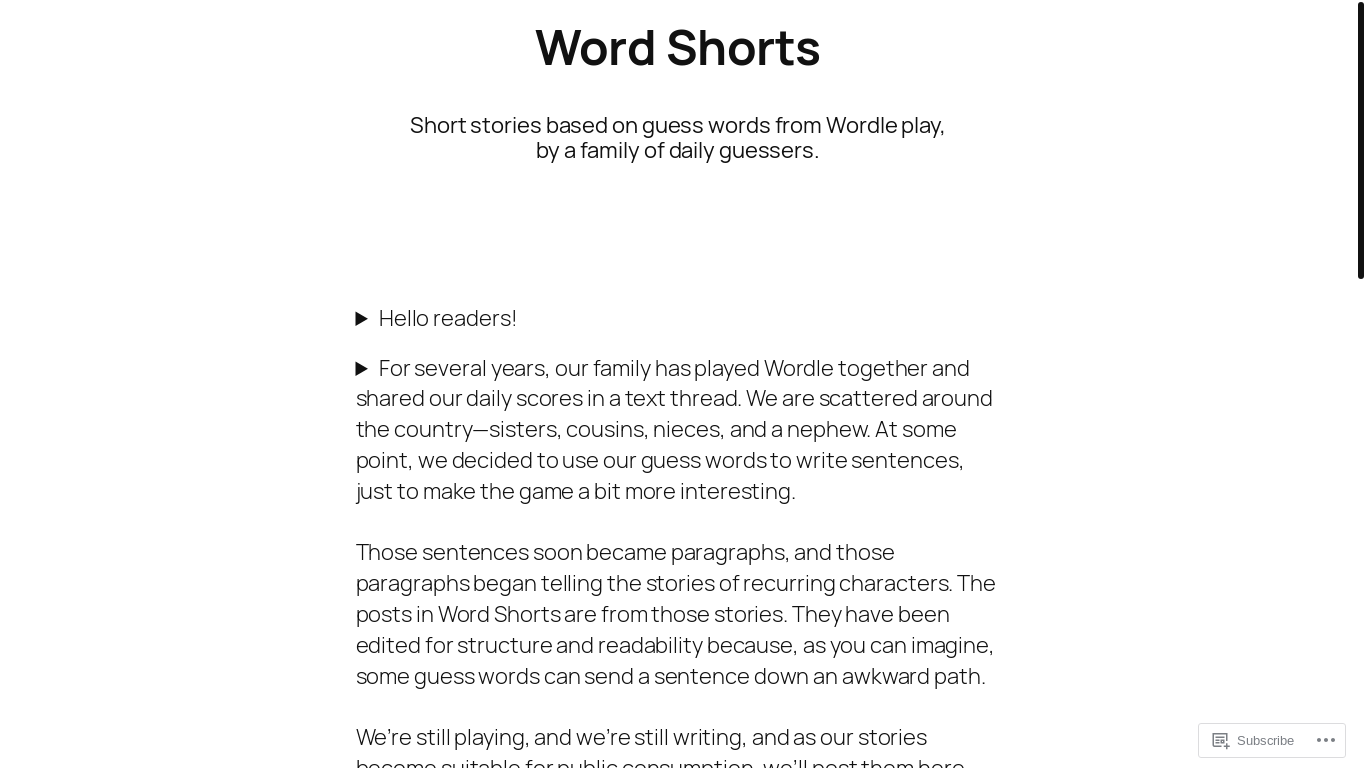 website screenshot of https://wordshorts.blog/