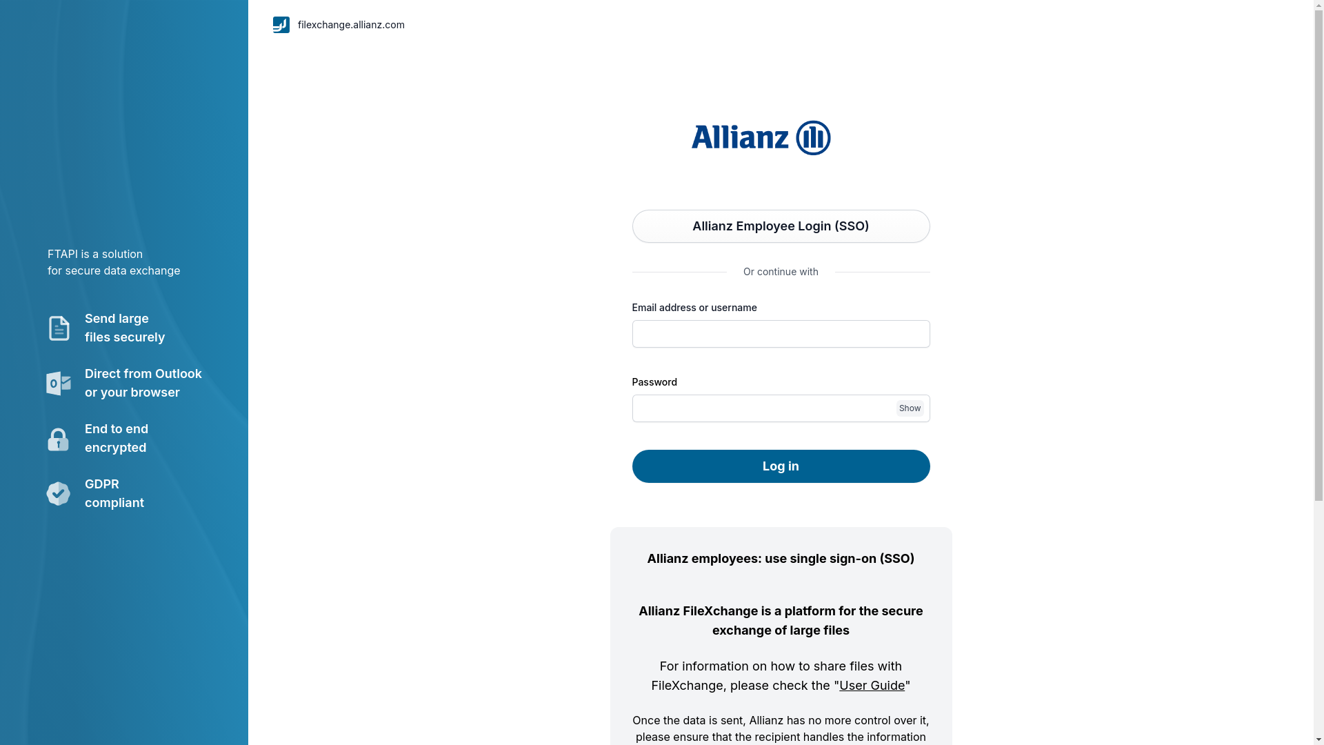 website screenshot of https://filexchange.allianz.com/