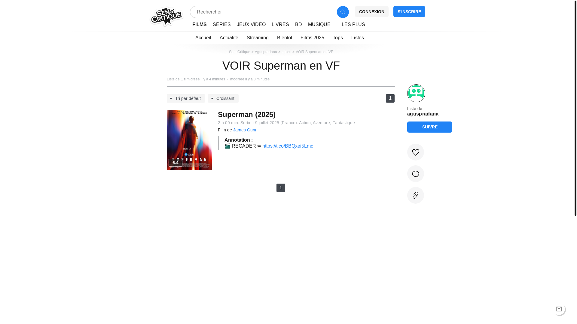 website screenshot of https://www.senscritique.com/liste/voir_superman_en_vf/4116876