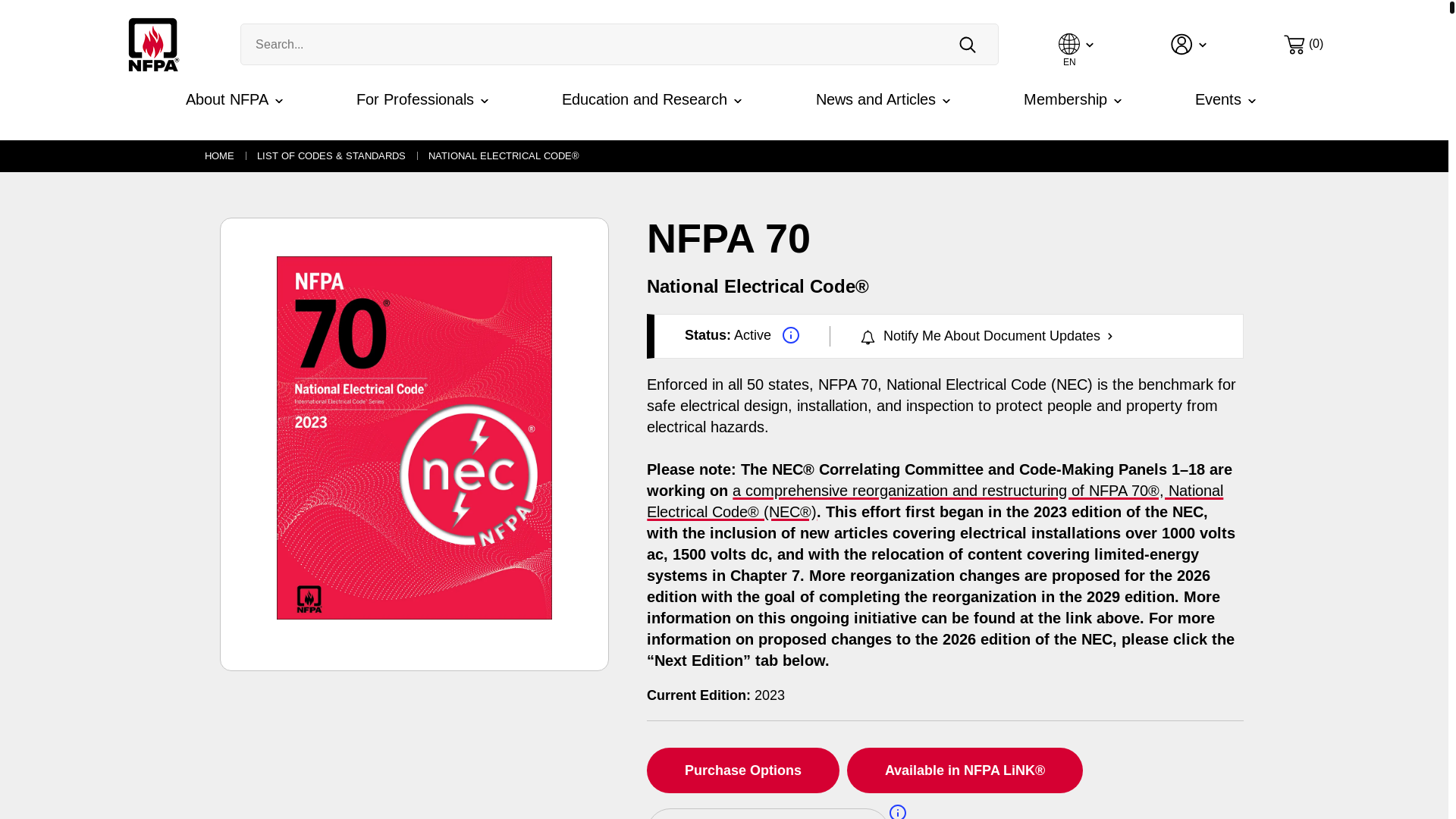 website screenshot of https://www.nfpa.org/codes-and-standards/all-codes-and-standards/list-of-codes-and-standards/detail?code=70