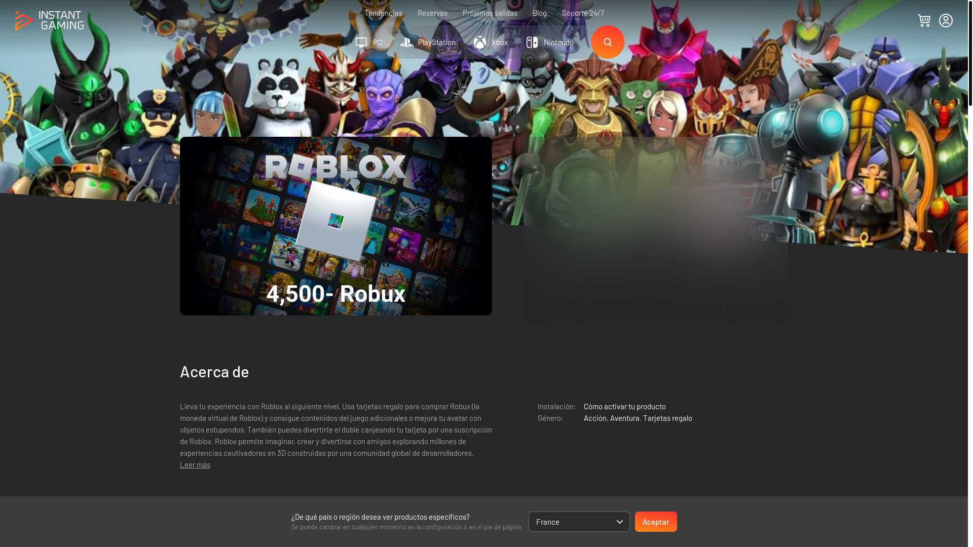 website screenshot of https://www.instant-gaming.com/es/7995-comprar-roblox-60-eur-4500-robux-4500-robux-pc-juego-europe/?igr=gamer-38c5e80