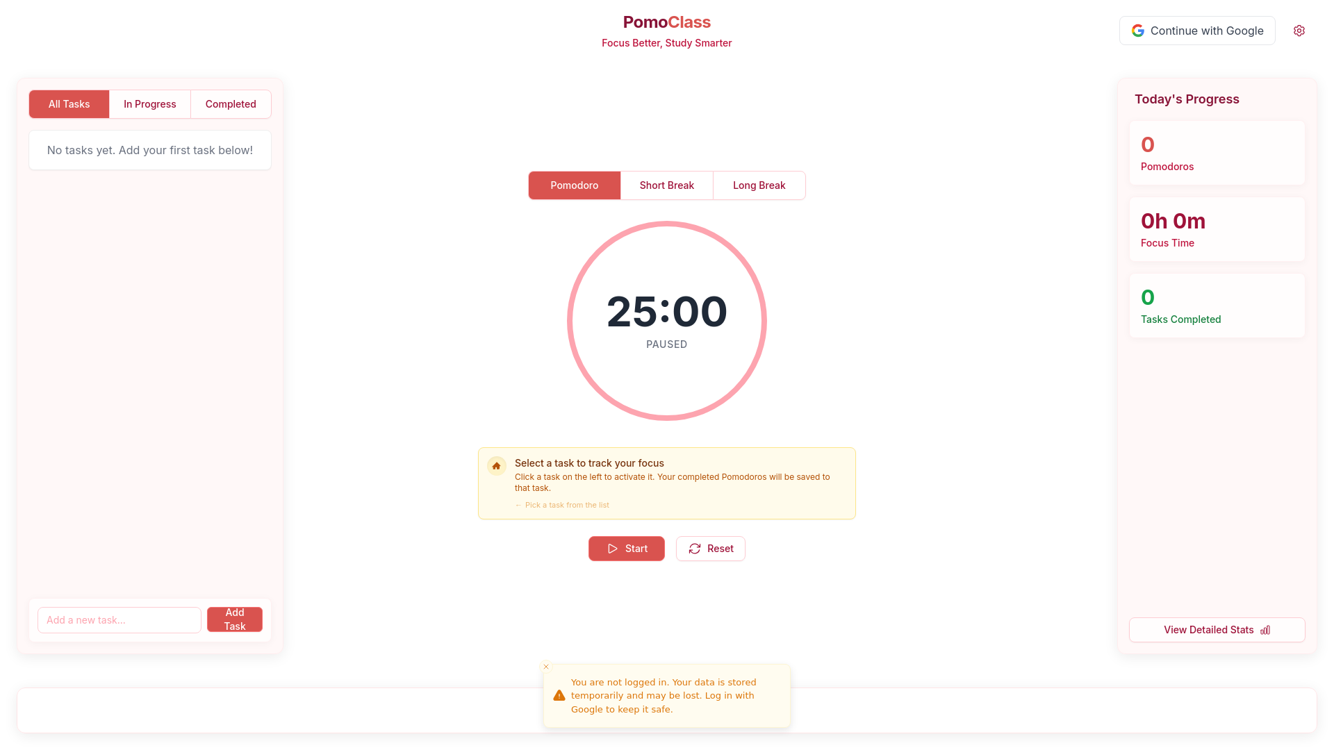 website screenshot of https://www.pomoclass.com/