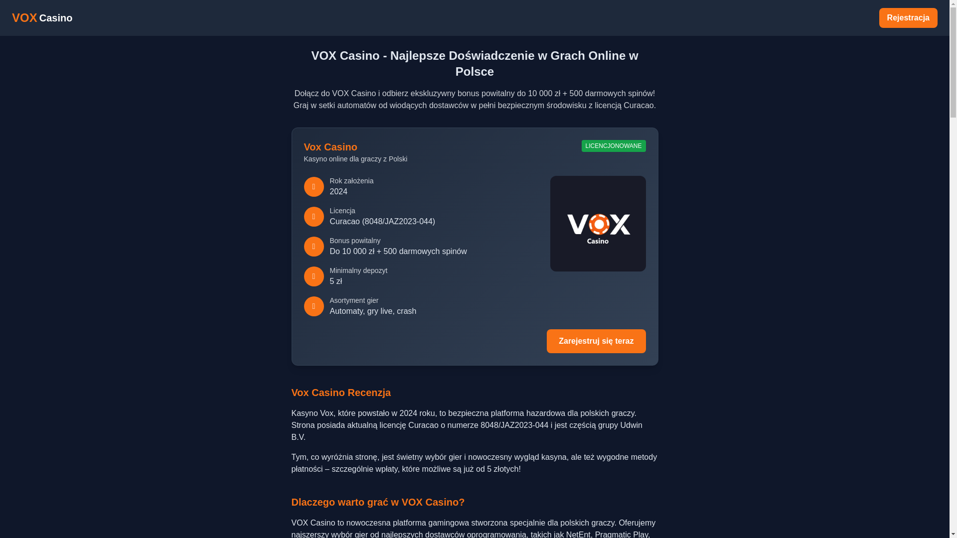 website screenshot of https://vox-kasyno-polska.online/