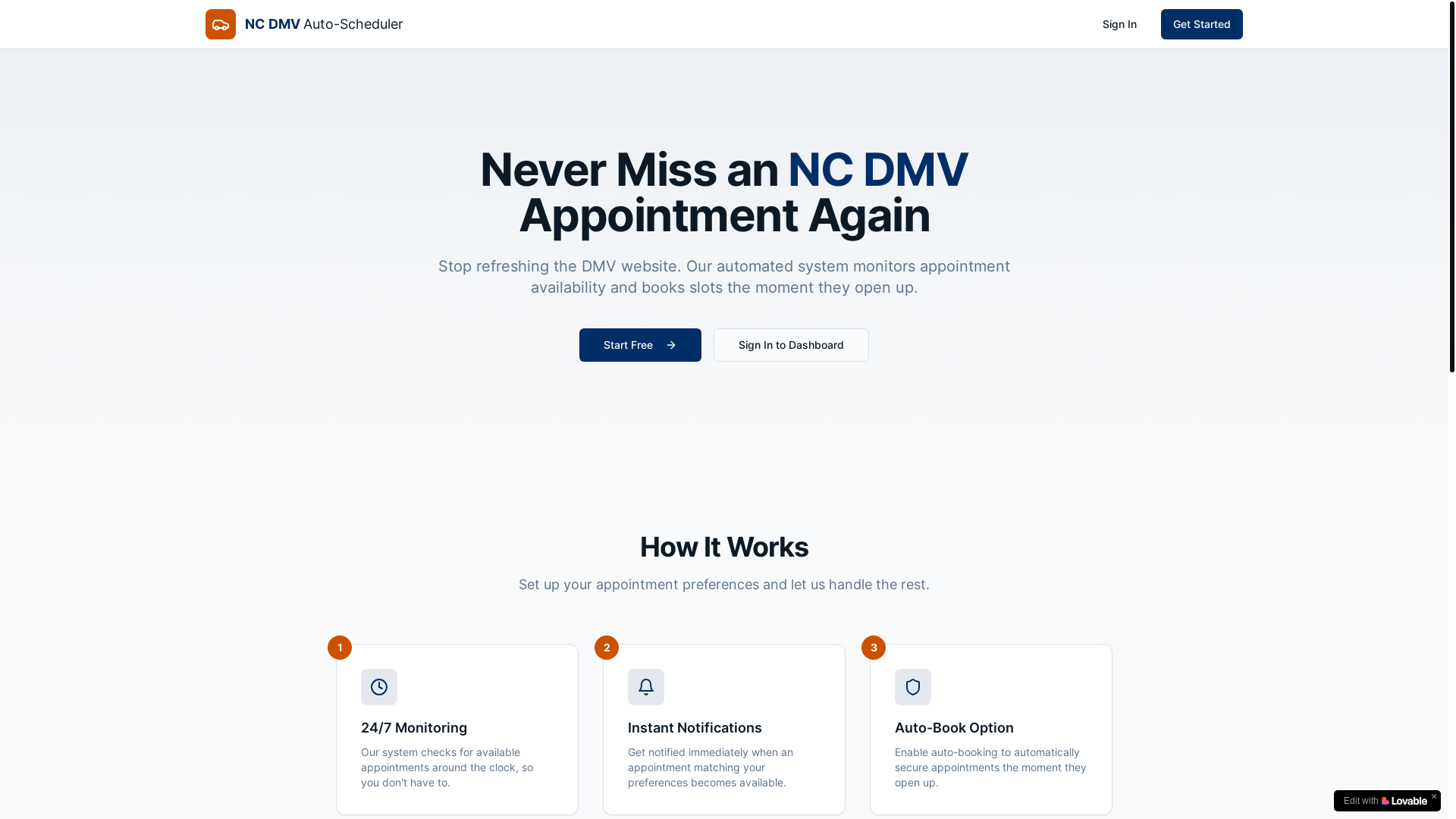 website screenshot of https://ncdmvscheduler.com/