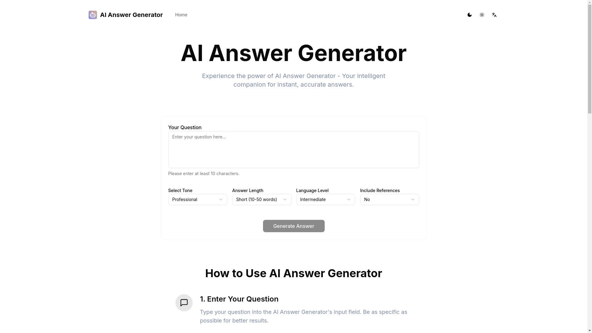 website screenshot of https://aianswergenerate.com/