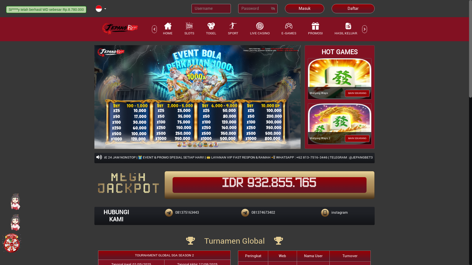 website screenshot of https://91jepangbet.com/