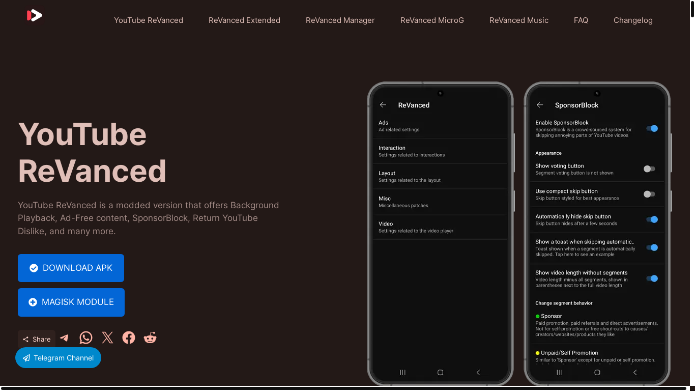 website screenshot of https://revanced.to/youtube/