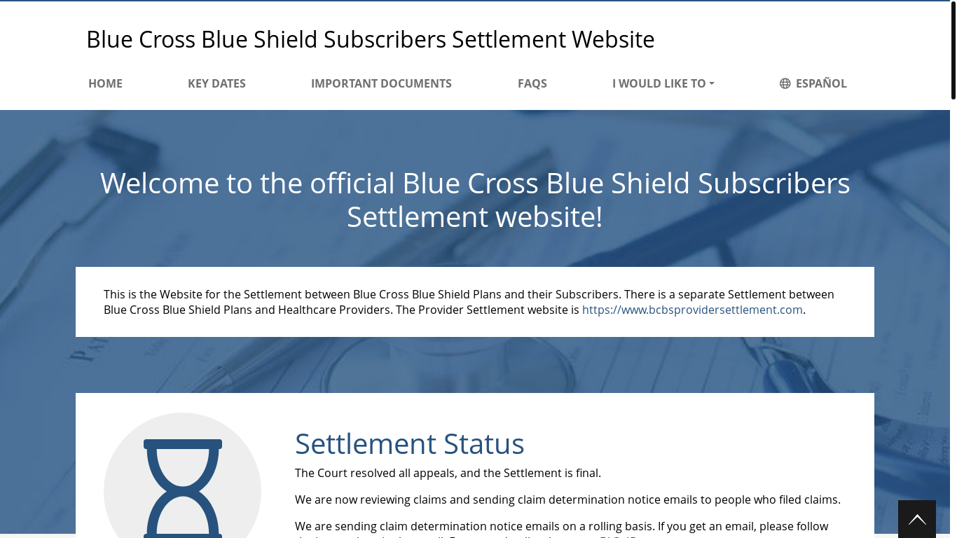 website screenshot of https://www.bcbssettlement.com/