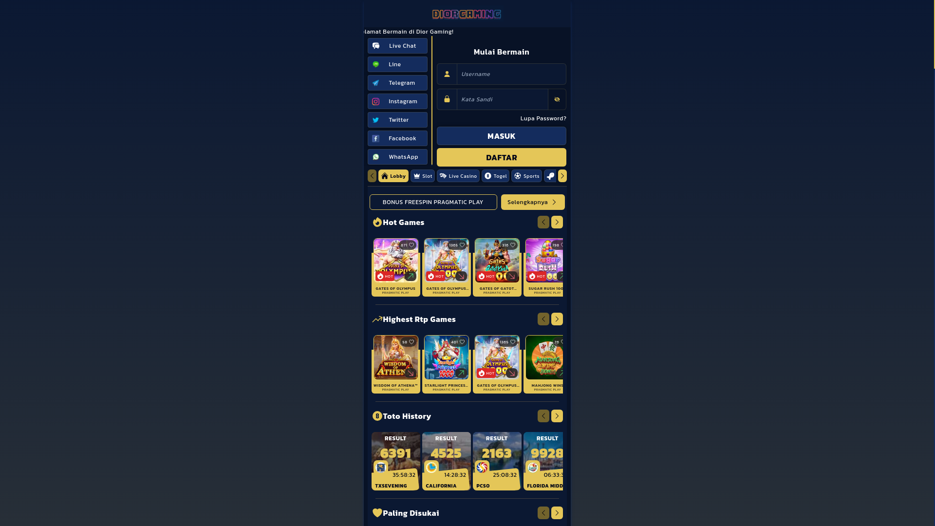 website screenshot of https://diorgamingwin.org/