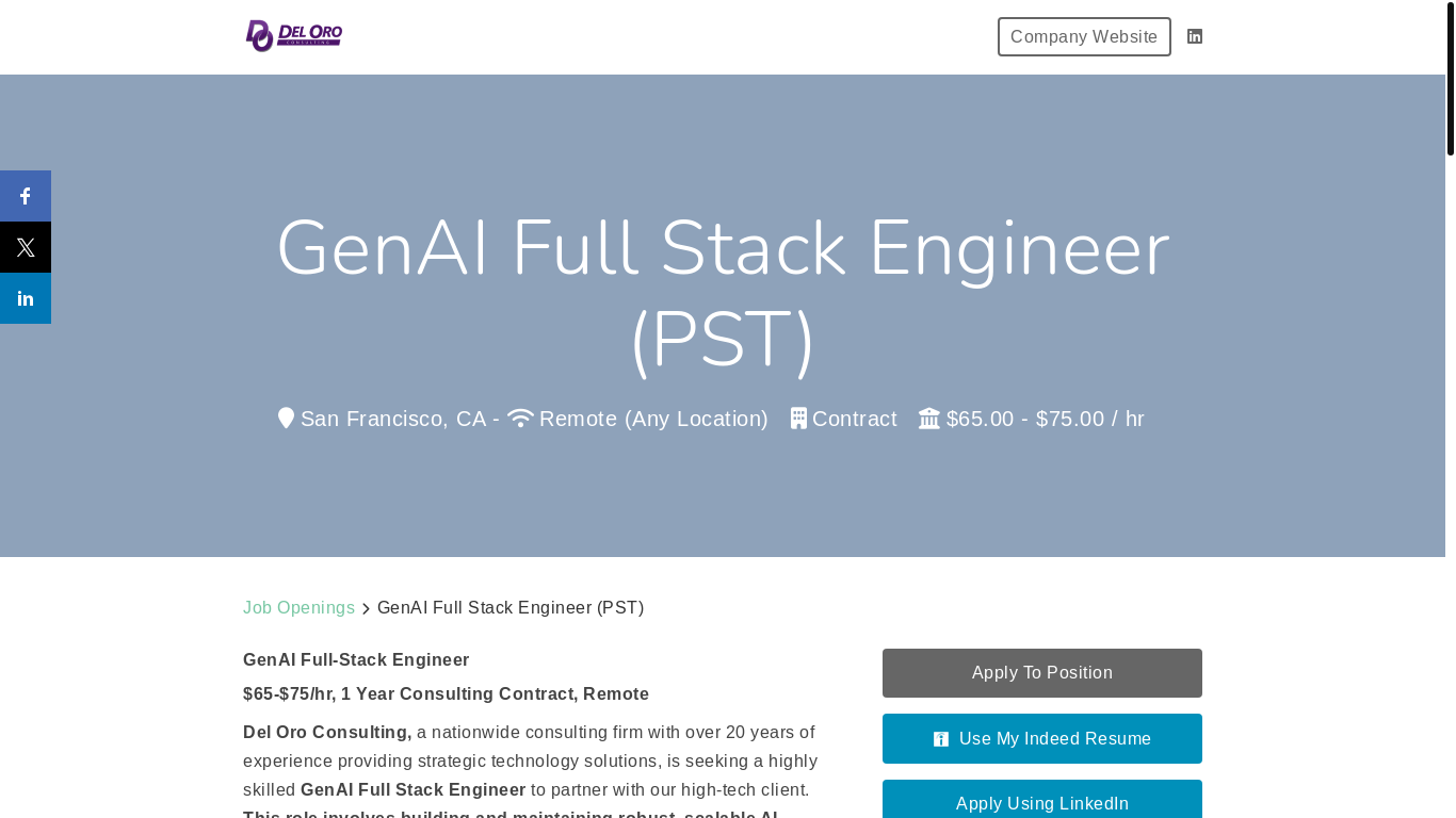 website screenshot of https://deloro.breezy.hr/p/ea992a810574-genai-full-stack-engineer-pst?state=published