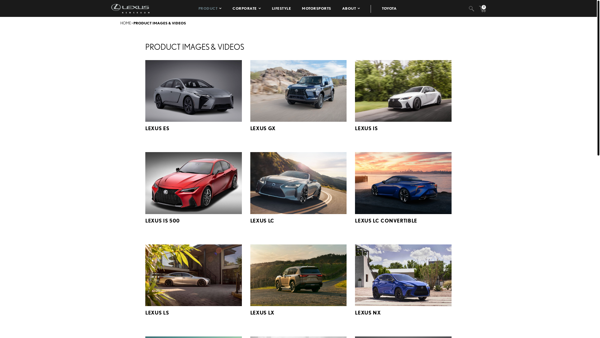 website screenshot of https://pressroom.lexus.com/product-images-videos/